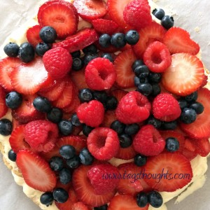 A tasty treat made with fresh fruit. Enjoy the fruits of the Spring & Summer seasons with this Red, White & Blue Cookie Bar Recipe by trishsutton.com.