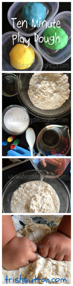 Ten Minute Play Dough; use cookie cutters, rolling pins, toothpicks, & even hot wheels to create, mold, and let your imagination run wild! Fun for all ages! TrishSutton.com
