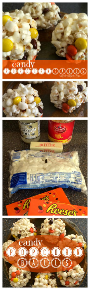 Candy Popcorn Balls; a handful of ingredients including your favorite candy pieces, less than 30 minutes in the kitchen & you will have a loved sweet treat! TrishSutton.com