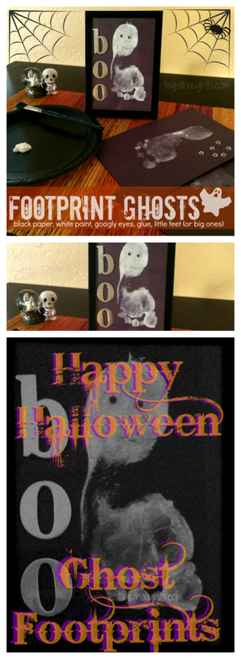 Footprint Ghosts for Halloween Cards or Decor; A simple Halloween activity. Footprint Ghosts make great décor or a fun Halloween greeting card. TrishSutton.com