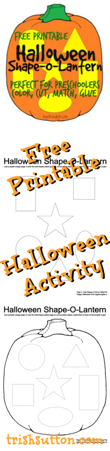 Halloween Shape-O-Lantern; Free Printable. An activity for Preschool & Elementary children. Coloring, cutting, matching & gluing. TrishSutton.com