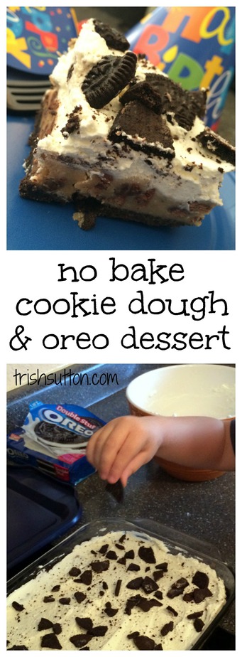 No Bake Layered Cookie Dough Dessert Recipe. A tasty dessert that is not as sweet as it sounds made with egg free raw chocolate chip cookie dough. TrishSutton.com