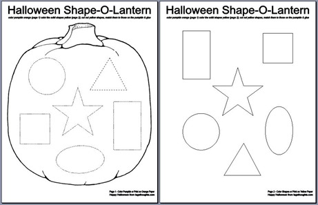Halloween Shape-O-Lantern; Free Printable. An activity for children. Coloring, cutting, matching & gluing. TrishSutton.com