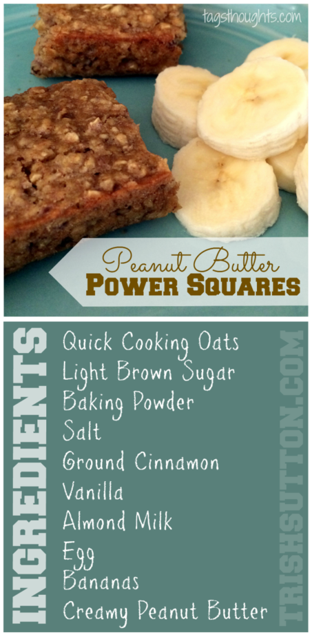 Peanut Butter Power Squares. Made with Oats & Bananas; they make a simple breakfast on the go and serve as a perfect after school or pre workout snack. TrishSutton.com