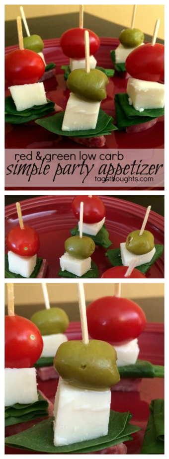 Red & Green Low Carb Party Appetizer; and it's very simple - Sausage, Spinach, Mozzarella, then Tomato or Olive; pierce with toothpick. TrishSutton.com