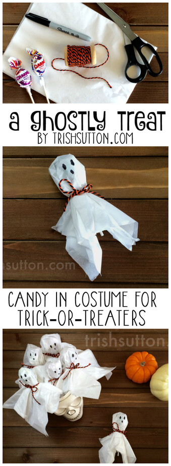 A Ghostly Treat; Candy in Costume for Trick-or-Treaters by TrishSutton.com, perfect for school parties, Halloween parties and Trick-or-Treating Ghosts & Goblins.