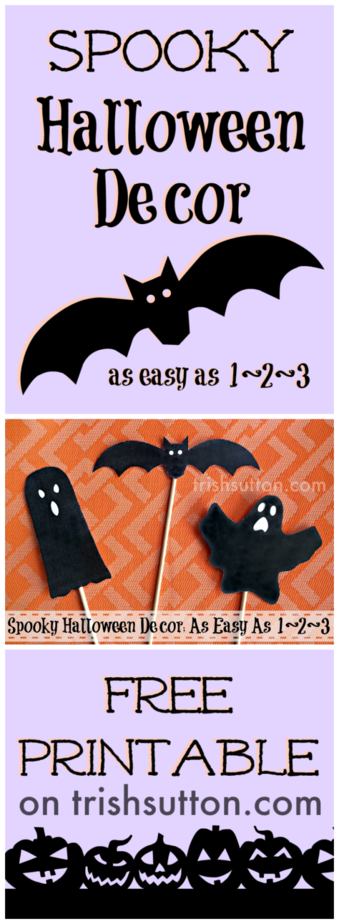Spooky Halloween Decor; Free Printable. Simply print my Spooky Halloween Decor Free Printable, cut out the bat & ghosts then tape them to a wooden dowel.