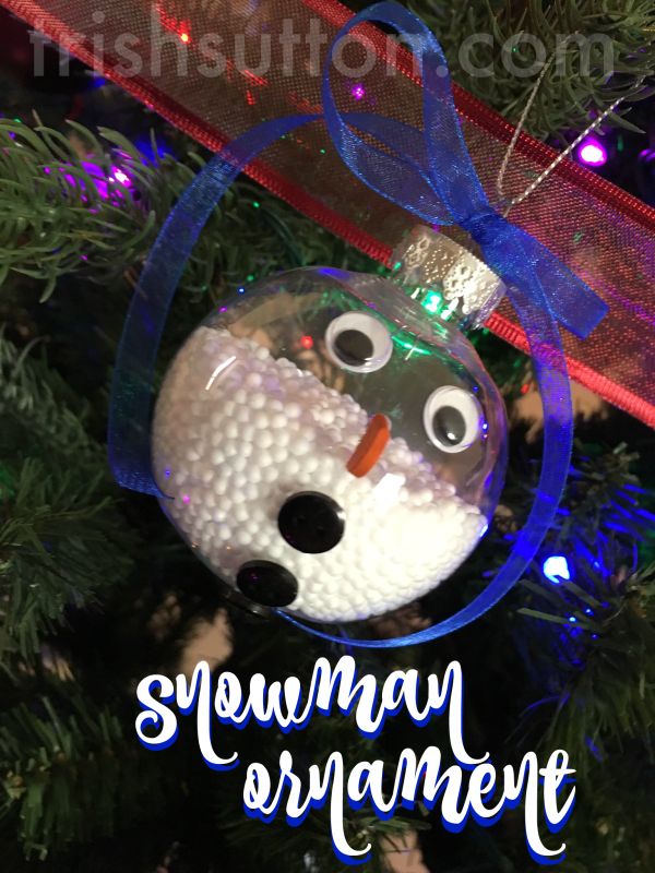 Snowman Ornament; a simple creation with a clear bulb & faux snow. A great gift for any Christmas tree. TrishSutton.com