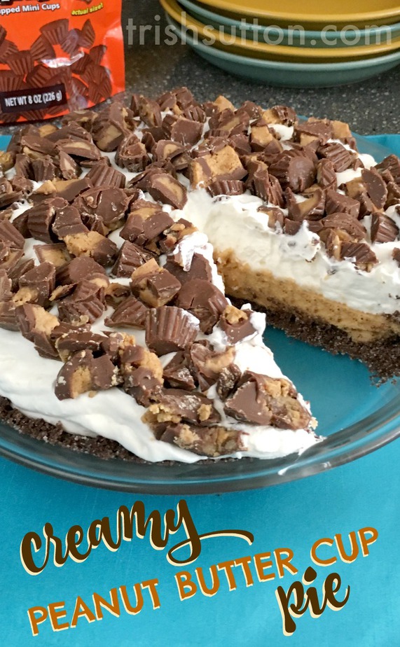 Creamy Peanut Butter Cup Pie Recipe; No Bake and perfect for all the peanut butter & chocolate lovers! Birthdays, Mother's Day, Father's Day, EVERYDAY sweet & simple dessert. By Trish Sutton