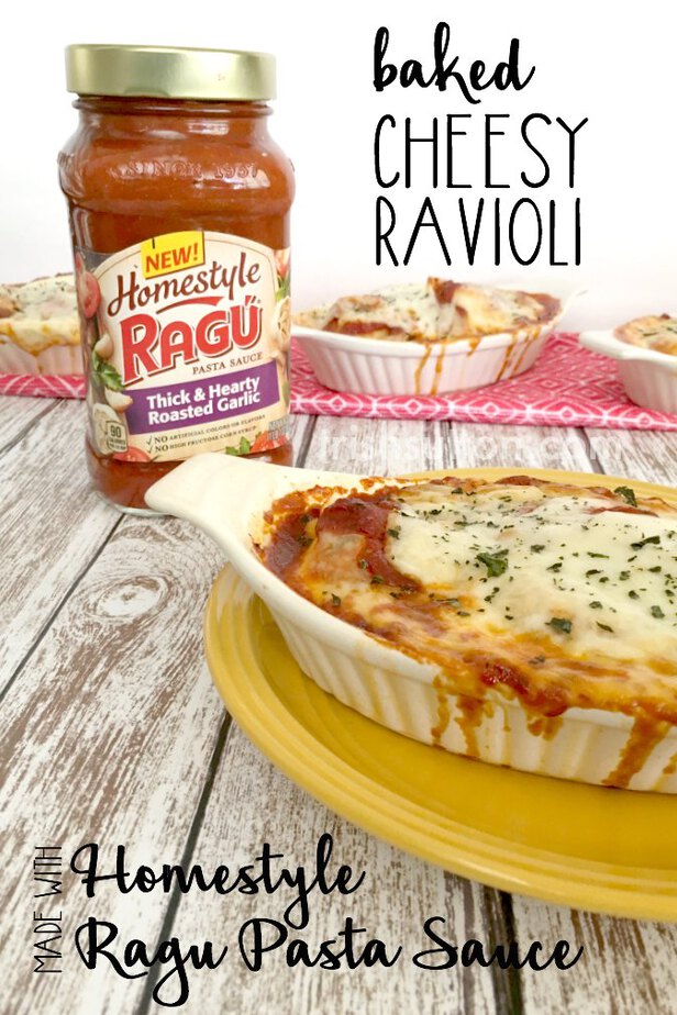 A simple recipe for Baked Cheesy Ravioli. Made with RAGU Homestyle Thick And Hearty Pasta Sauce.