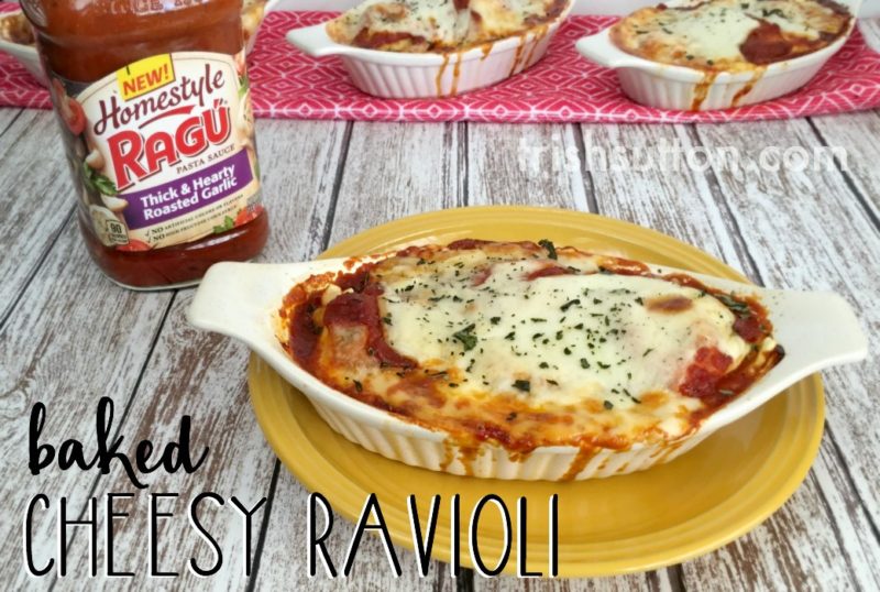A simple recipe for Baked Cheesy Ravioli. Made with RAGU Homestyle Thick And Hearty Pasta Sauce. 