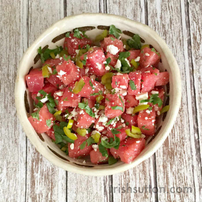 Watermelon Summer Salad Recipe; Made with Mezzetta Jalapeños and Feta Cheese. Mezzetta Grill Giveaway. #BoldBrightSummer #Mezzetta TrishSutton.com.