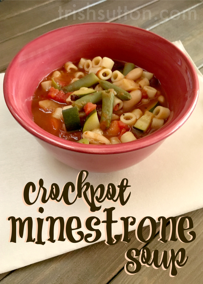 Crockpot Minestrone Soup; This recipe takes about 10-15 minutes prep and about seven hours in the crockpot. TrishSutton.com