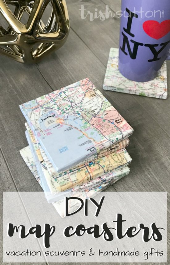 DIY Map Coasters Vacation Souvenirs {Handmade Gifts}; Thoughtful gift tutorial for Christmas, Grandparent's Day, Birthdays, Weddings, Mothers & Fathers Day. TrishSutton.com