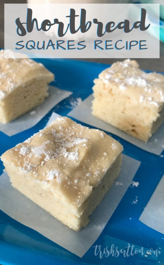 Shortbread Squares Recipe; Simple and Slightly Sweet made with Cream Cheese and topped with Powdered Sugar. TrishSutton.com