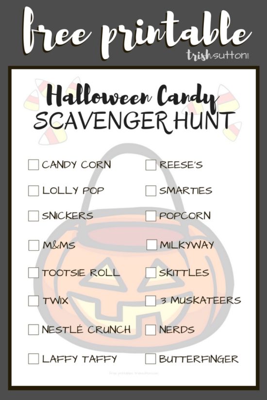 The trick-or-treat loot review is somewhat like a scavenger hunt itself so why not make it a game? Halloween Candy Scavenger Hunt Free Printable. TrishSutton.com