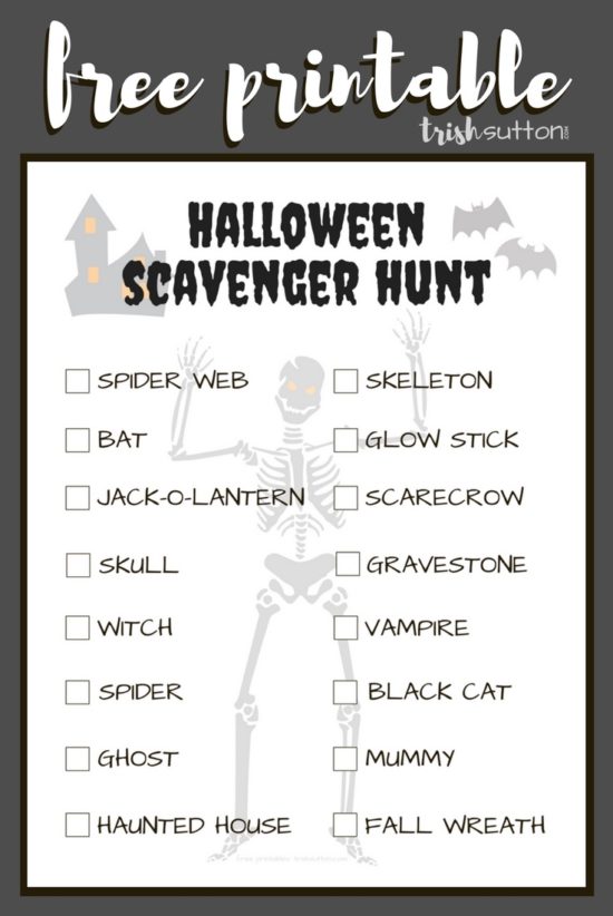 Free printable Halloween Scavenger Hunt to be used for a team game or individual game; kids of all ages will enjoy seeking the 16 items on this list.
