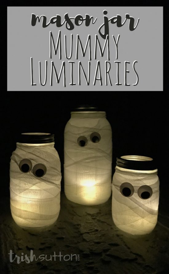 Mason Jar Mummy Luminaries are a simple and silly way to add Halloween cheer both outdoors and indoors. Along with the Mason Jars you will need a roll or two of first aid gauze and tea lights or candles. (Add my favorite battery operated tea lights and you won't even have to remember to light your mummies at night - they have timers!) TrishSutton.com