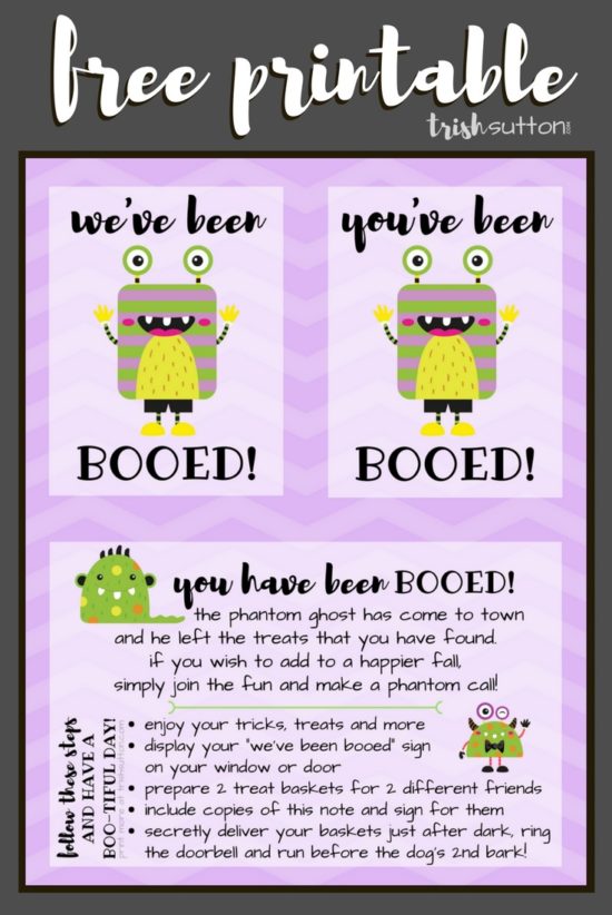 You've Been Booed is a simple game and fun way to treat friends & neighbors during the Halloween season. You've Been Booed Halloween Fun Free Printables. TrishSutton.com #halloween #printable