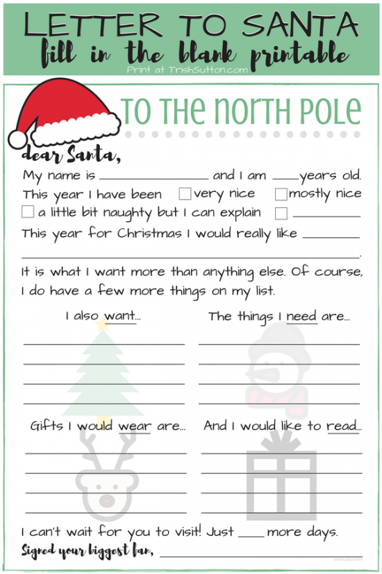 This fill in the blanks printable letter to Santa. TrishSutton.com