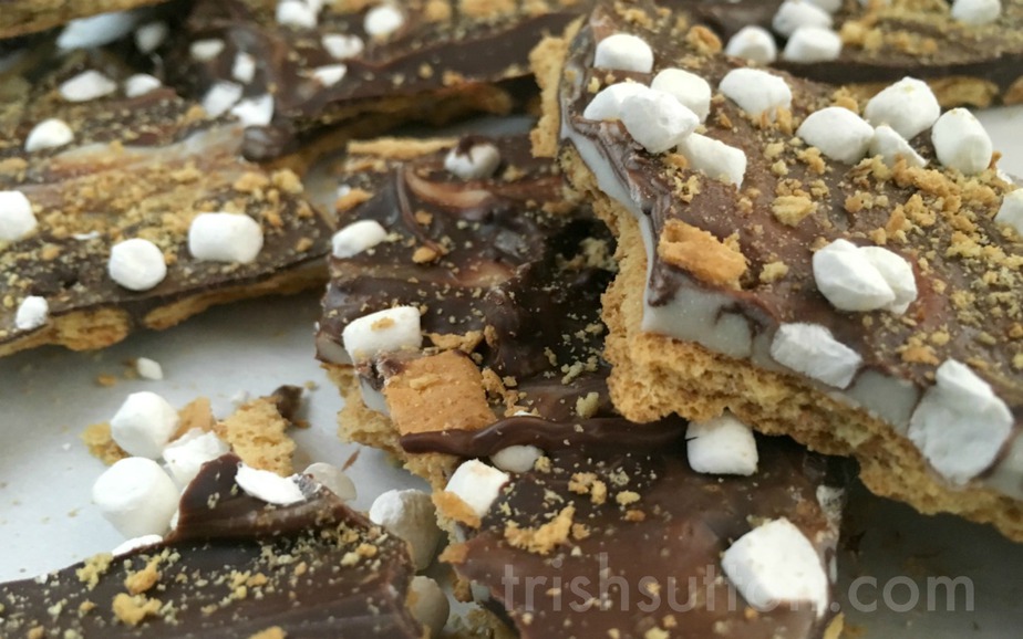 Indoor S'mores Treat: Double Chocolate S'mores Bark Recipe, Graham crackers topped with two types of chocolate, covered in marshmallow bits and graham cracker crumbs.