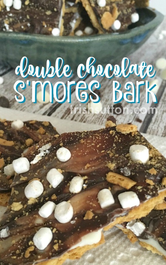 Indoor S'mores Treat: Double Chocolate S'mores Bark Recipe, Graham crackers topped with two types of chocolate, covered in marshmallow bits and graham cracker crumbs. TrishSutton.com