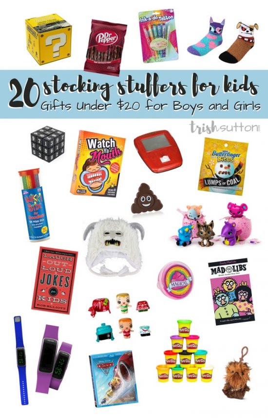 A gift guide of Kid Stocking Stuffers; 20 Gifts Under $20 for Boys and Girls. Ideas that are both inside & outside of the box. TrishSutton.com