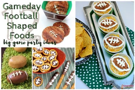 Gameday Football Shaped Foods | Big Game Party Ideas; this list of ideas for game day parties includes twelve recipes from chocolate to treats to bean dip & meatloaf. TrishSutton.com
