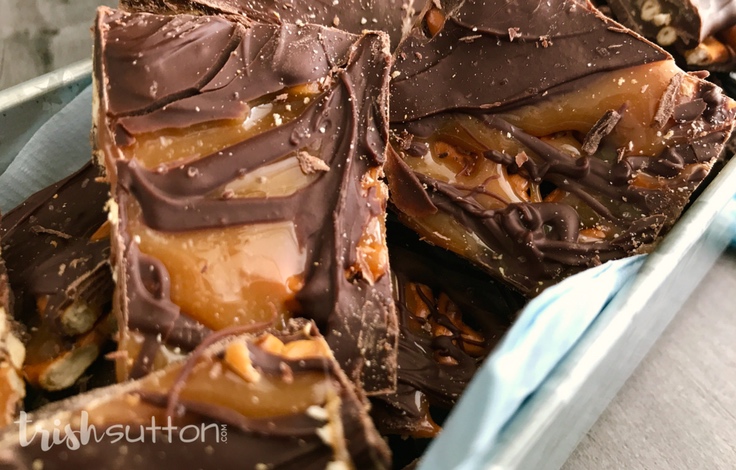 Chocolate Caramel Pretzel Bark Recipe; TrishSutton.com