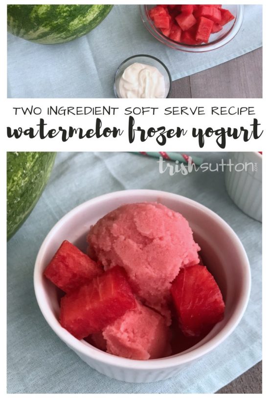 Watermelon Frozen Yogurt; Two Ingredient Soft Serve Recipe, TrishSutton.com - Just two ingredients make up this refreshing summery soft serve Watermelon Frozen Yogurt Recipe. Serve up a couple soft serve scoops or pour the pink mixture into popsicle molds to create a frozen treat.