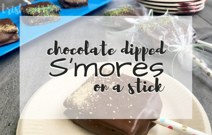 Chocolate Dipped S'mores. Perfect for parties! Amazing graham cracker, marshmallow & chocolate dipped sandwiches - Chocolate Dipped S'mores on a Stick. TrishSutton.com