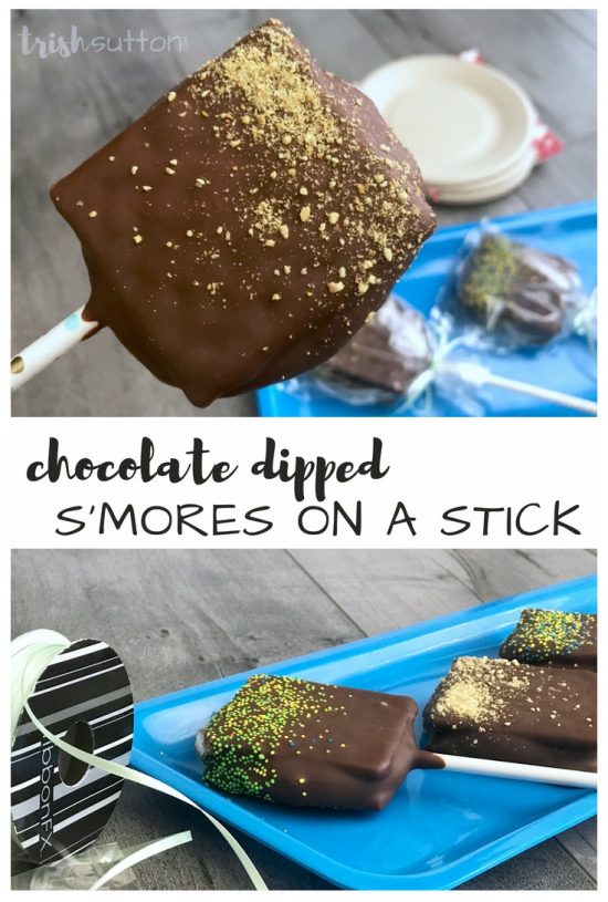 Chocolate Dipped S'mores. Perfect for parties! Amazing graham cracker, marshmallow & chocolate dipped sandwiches - Chocolate Dipped S'mores on a Stick. TrishSutton.com