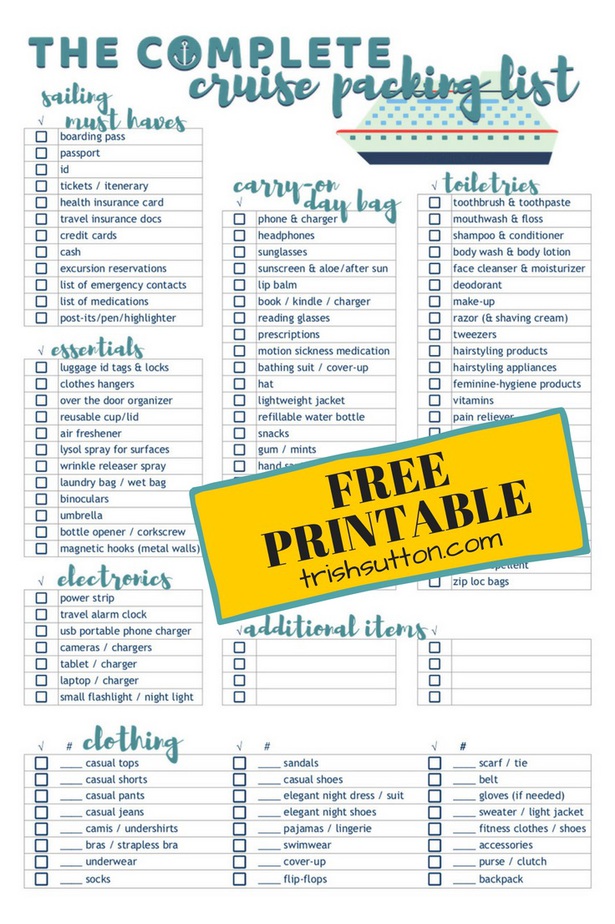 Cruise Packing List | Free Printable Complete Cruise Packing Check List that includes a detailed list of essentials, electronics, clothing and more. TrishSutton.com #freeprintable #cruise #travel