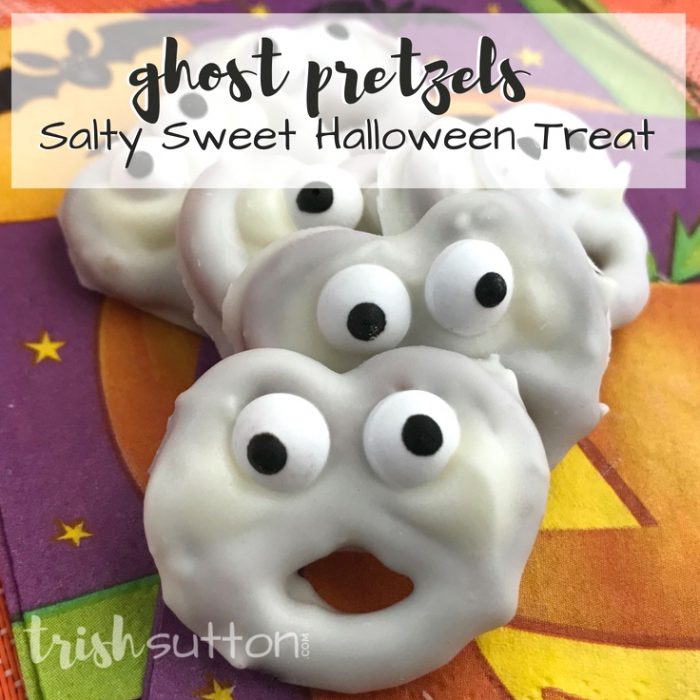 Spooky Halloween Treats Vanilla Dipped Pretzel Ghosts; TrishSutton.com