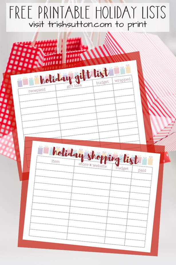 Free Printable Holiday Lists; get organized this Christmas with gift giving lists. Shopping list and gift idea list freebies by TrishSutton.com. #christmas #giftlist #freeprintable #holiday #shopping