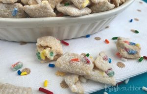Crunchy, sweet & colorful! Chex cereal covered in vanilla, funfetti cake mix & sprinkles come together to create a party favorite. Cake Batter Muddy Buddies; TrishSutton.com