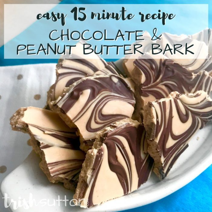 Make a crowd pleasing treat in just minutes with this incredibly easy Chocolate Peanut Butter Bark Recipe. TrishSutton.com