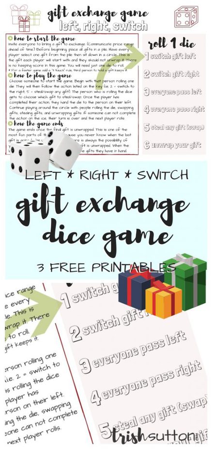 This fun gift exchange game is perfect for Christmas parties. Roll of the dice, follow the printable game card then switch, steal and unwrap. Free Printable Game Card.