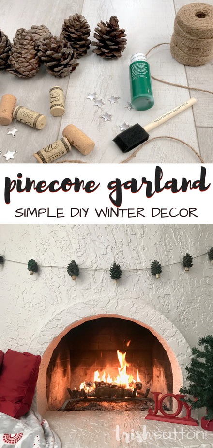Create festive winter decor with just pinecones, craft paint & jute. Simple DIY Winter Decor; Pinecone Christmas Garland. TrishSutton.com