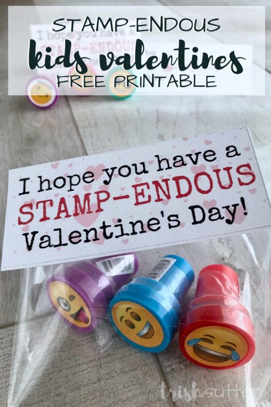 Create adorable kids Valentines with my STAMP-ENDOUS free printable and a cutesy kids pre-inked stamp. Candy free class Valentine. TrishSutton.com