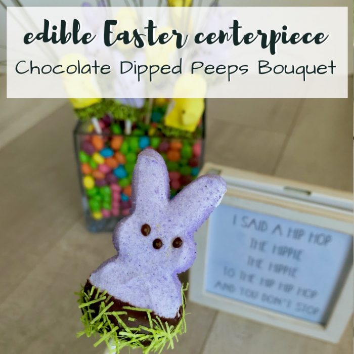 Create a festive and Edible Easter Centerpiece with Peeps, Chocolate Chips & Jelly Beans. This Chocolate Dipped Peeps Bouquet is as sweet as it is colorful. TrishSutton.com
