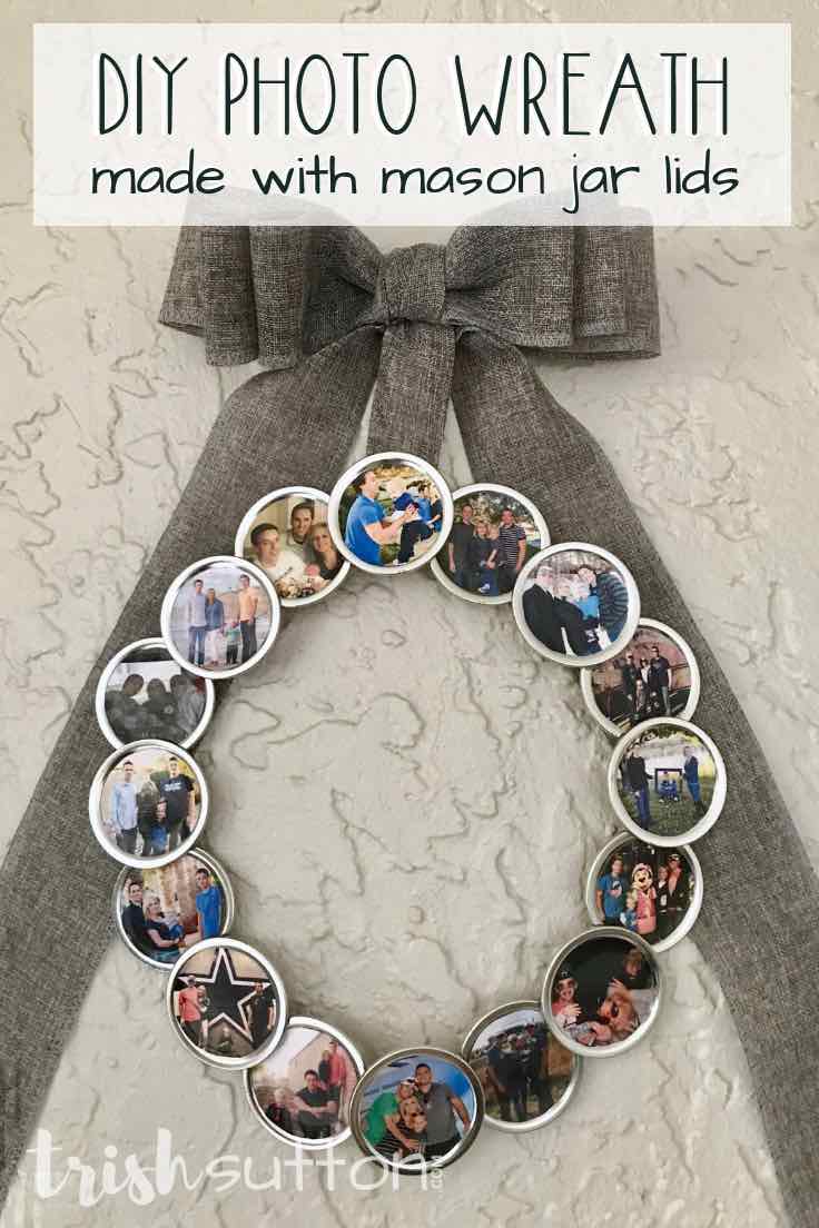 Create a DIY Photo Wreath using Mason jar lids and family photos. Share this sentimental circle of memories as a gift. Give it as a gift for birthdays, Mother's day, Grandparent's day or Christmas. #wreath #photo #bytrishsutton