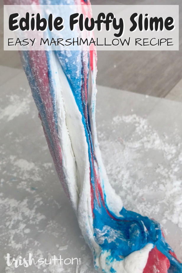 Create easy fluffy slime fun that is both edible and festive. Two ingredient slime that can be made in any color desired! We chose red, white and blue with edible glitter.