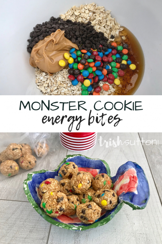 Easy no bake 20 minute recipe for protein packed snacks that are made up of six simple ingredients. Monster Cookie Energy Bites. TrishSutton.com #nobake #recipe #bytrishsutton