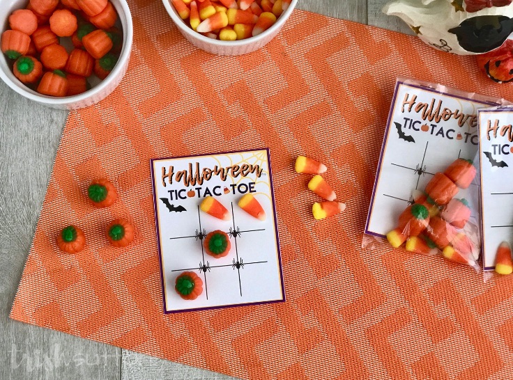 Tic Tac Toe Game Board on orange mat with candy corns and pumpkins; trishsutton.com