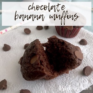 Chocolate Banana Mini Muffins on a Napkin with Chocolate Chips