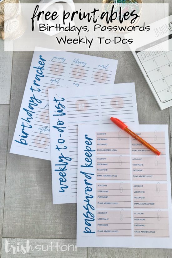 printables for home organization with an orange pen on a wood background