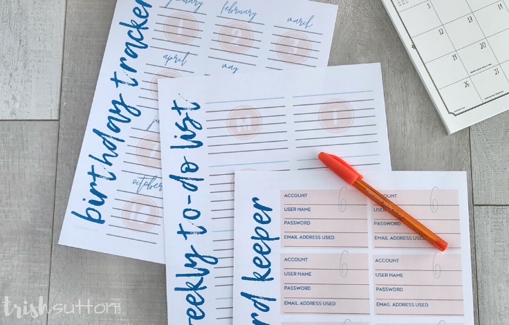 three printables for home organization with an orange pen on a wood background