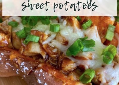Sweet Potato filled with barbecue sauce covered chicken topped with cheese & green onions.