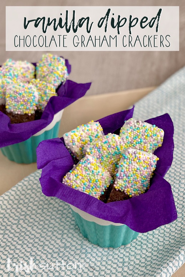 crackers covered in sprinkles on a purple napkin inside a blue bowl